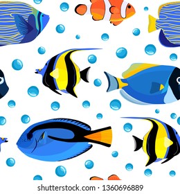 Undersea fish seamless pattern with bubbles. Kids underwater background. Pattern of fish for textile fabric or book covers, wallpapers, design, graphic art, wrapping