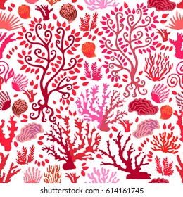 Undersea garden. Seamless vector pattern with corals and fantasy trees.