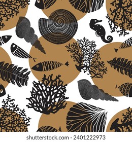 Untersee- und Goldpolka-Punkte. Vektornahtloses Muster.Kann in der Textilindustrie, Papier, Hintergrund, Scrapbooking verwendet werden.