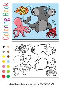 Undersea with Hammerhead Shark Coloring Book Vector Illustration