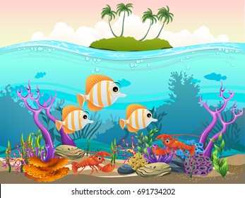 undersea with island. vector illustration of the sea. beautiful fish and coral