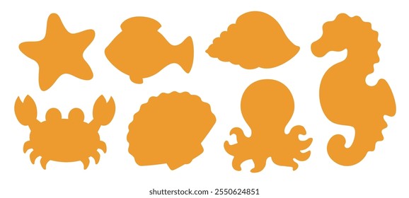 Undersea etiqueta Formas simples para cortar. Iconos submarinos de viaje por la playa cortan el archivo. Lindo cortador de galletas de mar de verano. Fondos de la silueta del marco del océano. Diseños de Vector para pegatina, etiqueta, plantilla de insignia.