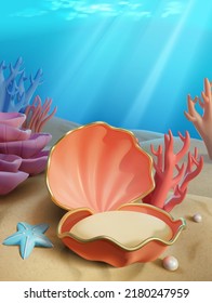 Undersea landscape. 3D Illustration of big seashell as display pedestal with starfish, pearls and coral reefs on the sand and sunlight shine through water