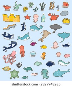 undersea life , animals, fishes, vector  stickers 