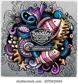 Undersea life cartoon vector doodle illustration. Colorful detailed design with lot of objects and symbols. All elements separate