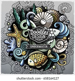 Undersea life cartoon vector doodle illustration. Colorful detailed design with lot of objects and symbols. All elements separate