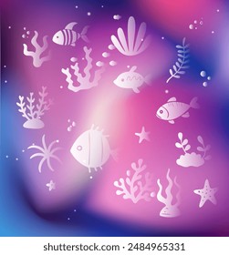 undersea life, coral, plants with fishes, gradient vector background