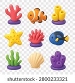 Undersea Life and Coral Reef Element Vector Icon Set | 3D icon set | pink branching coral, clownfish,  yellow tube sponges, starfish, pink sea anemone,  blue tang fish, green seaweed, seashell, purple sea sponge 