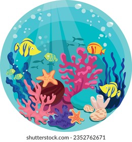 Undersea life round vector background.