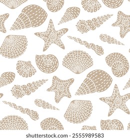 Undersea life, sea shells, starfish. Beige shells, white background. Seamless floral pattern-511.