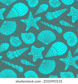Undersea life, sea shells, starfish. Blue shells, grey background. Seamless floral pattern-510.