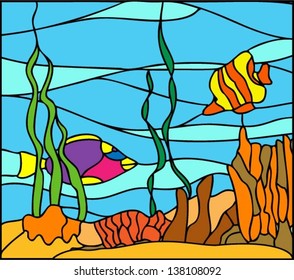 Undersea life: tropical fish, blue water, sea weed, vector illustration in stained glass window style