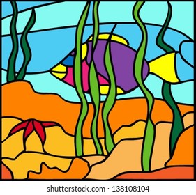 Undersea life: tropical fish, blue water, sea weed, vector illustration in stained glass window style