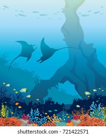 Undersea marine life. Silhouette of two mantas, colorful coral reef and underwater arch on a blue sea. Nature ocean vector illustration. 