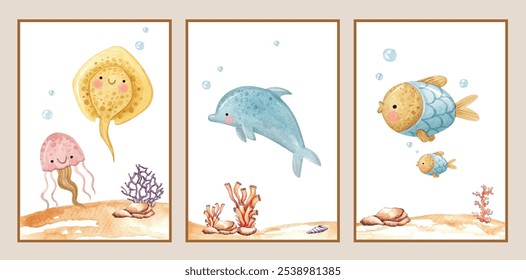 Afiche del vivero submarino. Pinturas de animales náuticos oceánicos. Arte de la pared de animales marinos para el jardín de infantes, decoración de dormitorios de los niños.