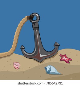 Undersea Objects, Hand Drawn, Anchor, Seashell Cockle Starfish Rope and Sea Sand