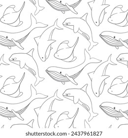 Undersea and ocean animals seamless pattern in line art style. Cute shark, blue whale, stingray and killer whale. Wild life marine creatures. Vector illustration on a white background.