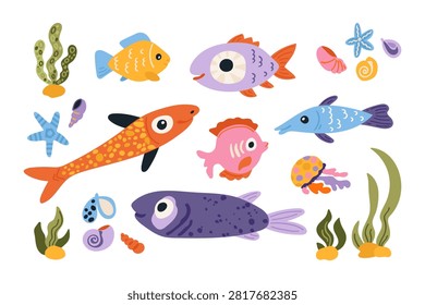 Undersea ocean world cute set. Underwater life with fishes, seaweeds and shells. Hand drawn vector illustration on a white background.