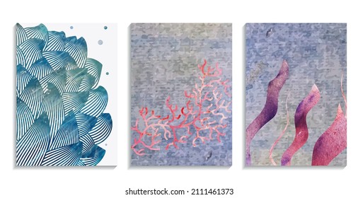 undersea plants watercolors texture vector template background set