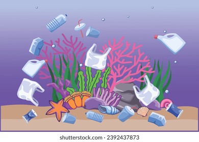 Undersea pollution with floating rubbish of plastic, bottle, garbage.   Ocean plastic pollution and world ocean day concept vector illustration.