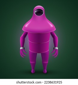 Undersea Robotic Technology. Underwater Robot Isolated Icon. Tough Pink Bot Mascot Character Illustration on Dark Backdrop