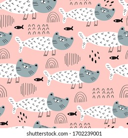 undersea seamless pattern with cartoon cat mermaid, decor elements on a neutral background. Colorful vector flat style for kids. hand drawing. baby design for fabric, print, wrapper, textile