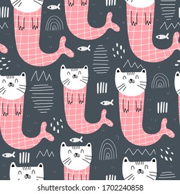 undersea seamless pattern with cartoon cat mermaid, decor elements on a neutral background. Colorful vector flat style for kids. hand drawing. baby design for fabric, print, wrapper, textile