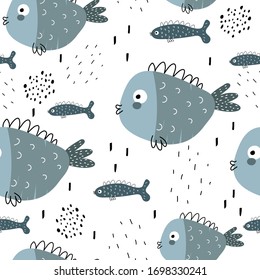undersea seamless pattern with cartoon fish, decor elements. Colorful vector flat for kids. hand drawing. baby design for fabric, print, wrapper, textile