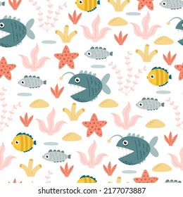 undersea seamless pattern with cartoon fish, coral, starfish, decor elements. Colorful vector flat for kids. hand drawing. baby design for fabric, print, wrapper, textile