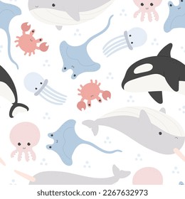 undersea seamless pattern with cartoon sea animals. Colorful vector flat for kids. hand drawing. baby design for fabric, print, wrapper, text