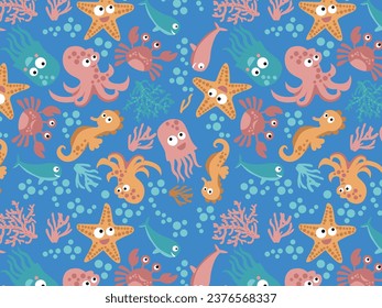 patrón marino sin costuras con dibujos animados de animales marinos. Vector colorido plano para los niños. dibujo a mano. diseño de bebé para tela