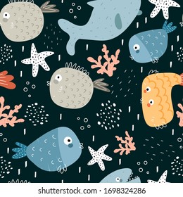undersea seamless pattern with cartoon sharks, fish, corals, starfish, decor elements on a neutral background. Colorful vector flat for kids. hand drawing. baby design for fabric, print, wrapper, text