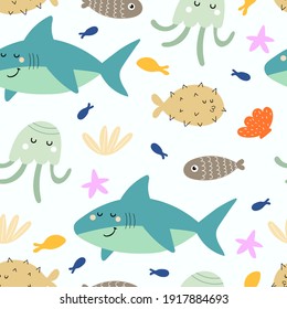 Undersea Seamless Pattern With Cartoon Sharks, Fish, Octopus, Shells, Starfish. Colorful Vector Flat For Kids. Hand Drawing. Baby Design For Fabric, Print, Wrapper, Textile