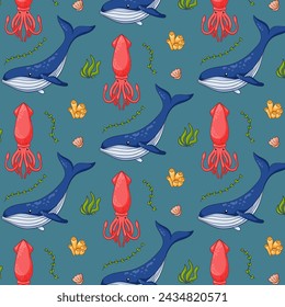 Undersea seamless pattern in cartoon style. Underwater animals squid, blue whale, coral, seashell and seaweed. Vector illustration on a blue background.