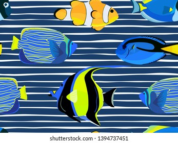Undersea seamless pattern. Kids background. Fish underwater with bubbles. Pattern of fish for textile fabric or book covers, wallpapers, design, graphic art, wrapping
