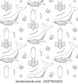 Undersea seamless pattern in line art style. Sea animals squid, blue whale, coral, seashell and seaweed. Vector illustration on a white background.