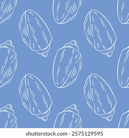 Undersea seamless pattern of seashells in line art style. Hand drawn blue background for sea food theme design. Vector illustration.