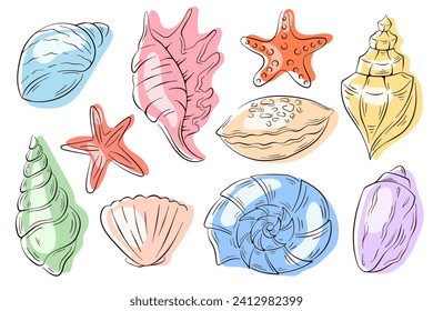 Estilo de arte de línea de conchas submarinas. Diseño veraniego de vieiras, pez estrella y conchas para el restaurante de mariscos, carta de pescado, logo, paquete. Ilustración vectorial aislada en un fondo blanco.