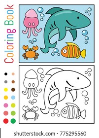 Undersea with Shark Coloring Book Vector Illustration