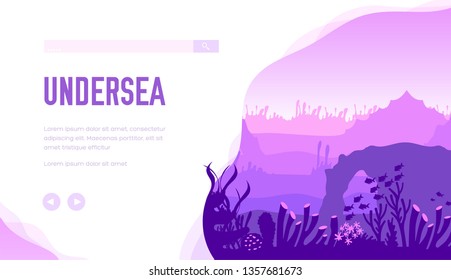 Undersea vector landing page template. Ocean ecosystem web banner layout design. Underwater exotic wildlife minimalistic illustration. Coral reefs, fish, seaweeds on sea bottom. Diving website concept