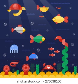 Undersea view with fishes and animals. Made with abstract flat simple forms.