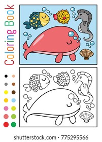 Undersea with Whale Coloring Book Vector Illustration