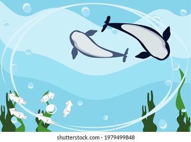 Undersea whale and squid seaweed sponge vector illustration beautiful ocean