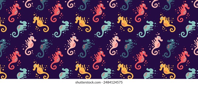 Undersea world. Abstract drawing of colorful seahorses underwater. Vector Pattern with sea inhabitants of the underwater depths. Seamless pattern for fabric, textile, wallpaper, cards.