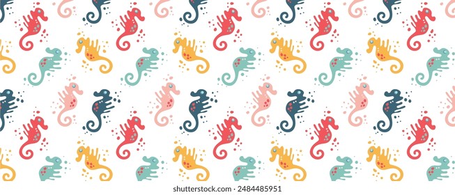 Undersea world. Abstract drawing of colorful seahorses underwater. Vector Pattern with sea inhabitants of the underwater depths. Seamless pattern for fabric, textile, wallpaper, cards.