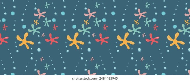 Undersea world. Abstract drawing of starfish underwater. Vector Pattern with bubbles and sea inhabitants of the underwater depths.  Seamless pattern for fabric, textile, wallpaper, cards.