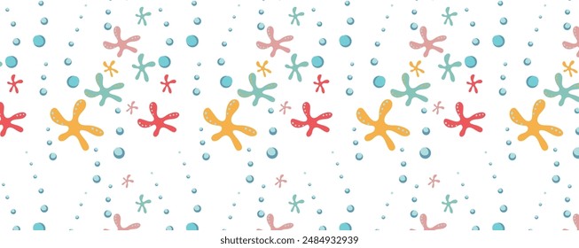 Undersea world. Abstract drawing of starfish underwater. Vector Pattern with bubbles and sea inhabitants of the underwater depths.  Seamless pattern for fabric, textile, wallpaper, cards.