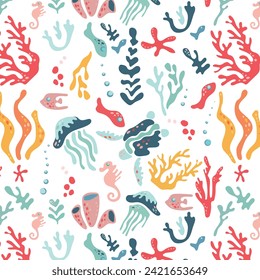 Undersea world. Abstract pattern with sea turtles, jellyfish, fish, algae and coral. Vector repeating pattern for fabric, textile, wallpaper, cards.