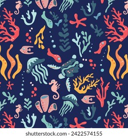 Undersea world. Abstract pattern with sea turtles, jellyfish, fish, algae and coral. Vector repeating pattern for fabric, textile, wallpaper, cards.