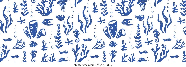 Undersea world. Abstract pattern with sea turtles, jellyfish, fish, algae and coral. Vector repeating pattern for fabric, textile, wallpaper, cards.